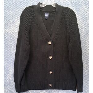 Gap Mens Black Shaker Stitch Cotton V-Neck Cardigan Sweater Large